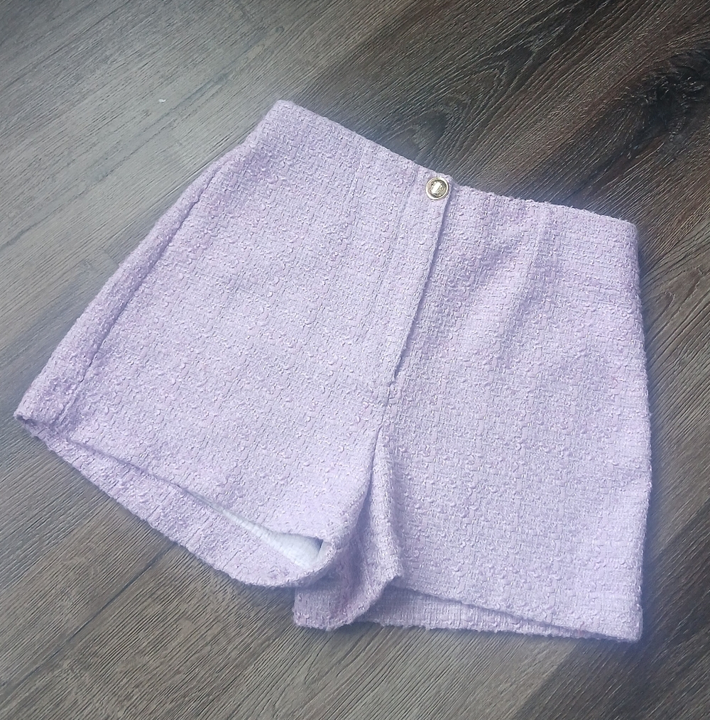 Zara Lilac Purple Tweed Textured High Waisted Bermuda Shorts gold button Size L - Picture 4 of 14